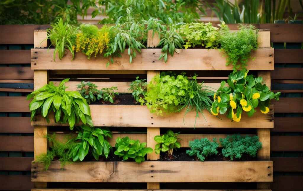 A vertical garden created from recycled pallets